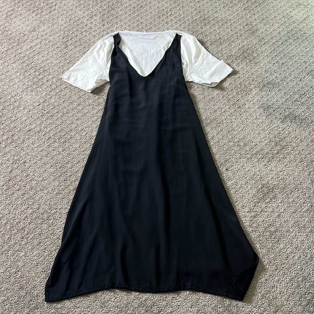 White t shirt, black wrap dress